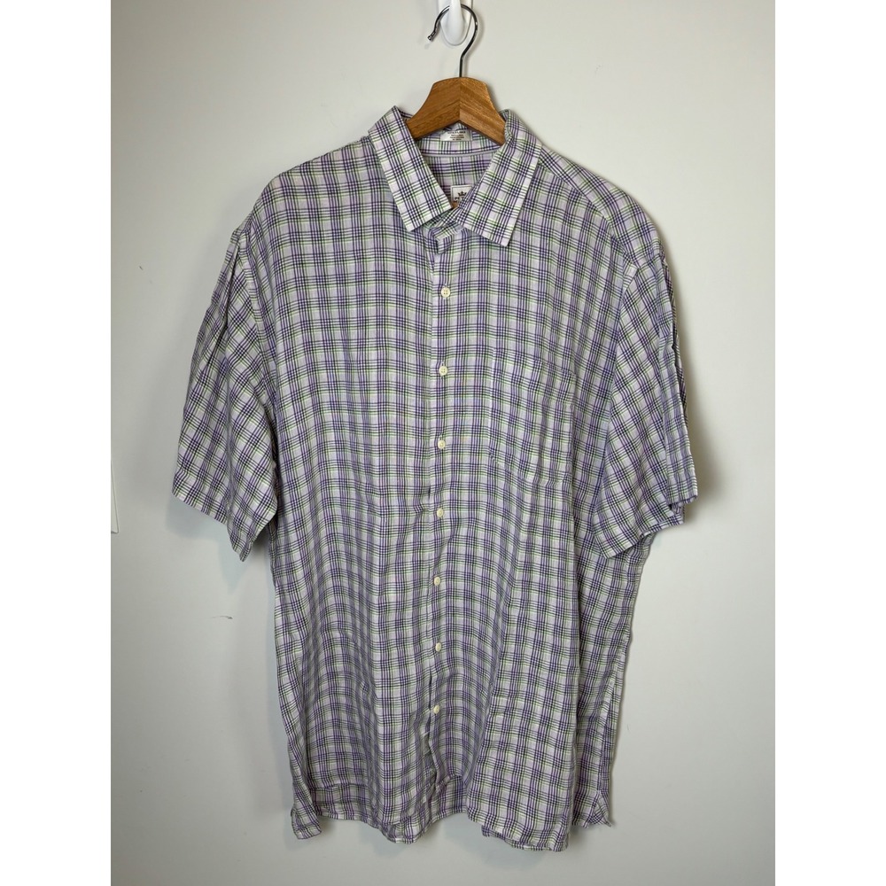 Peter Millar Mens XL Short Sleeve Button Down Shirt Linen Plaid Purple Green